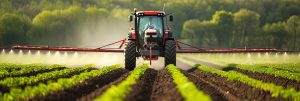 An expansive field with neatly planted crops and farm equipment represents commercial farming and agribusiness.