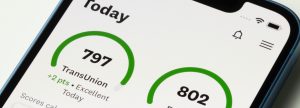 Closeup of credit score on phone screen