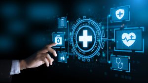 A businessperson's hand is clicking on a glowing health icon on a virtual screen. The screen displays various medical and healthcare-related icons, symbolizing healthcare, medical insurance, and the importance of health. The background is blurred.