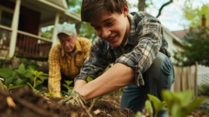 A smiling young man is joined by an older man while planting greenery in the yard.