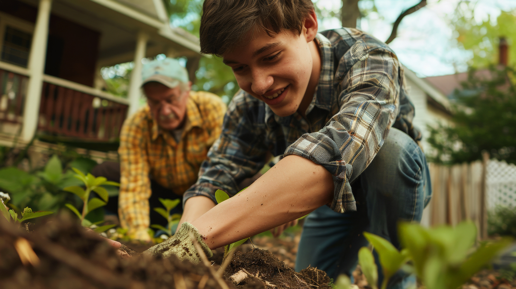 A smiling young man is joined by an older man while planting greenery in the yard.
