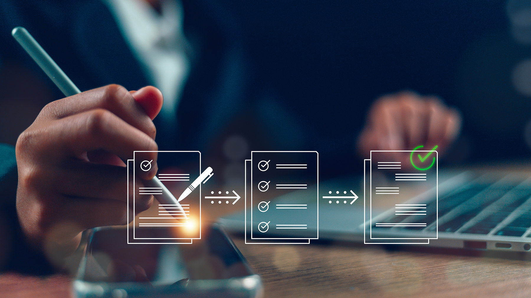 A businessman is working with a laptop and phone. The scene represents quality assurance and document management. The virtual interface includes icons and graphics related to checking, approving, and managing documents efficiently.