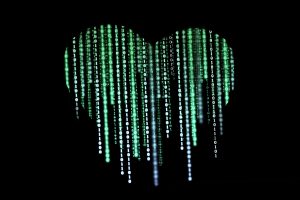 The image features a heart shape composed of binary computer code (zeros and ones) on a black background, symbolizing the concept of "virtual love" and artificial intelligence.