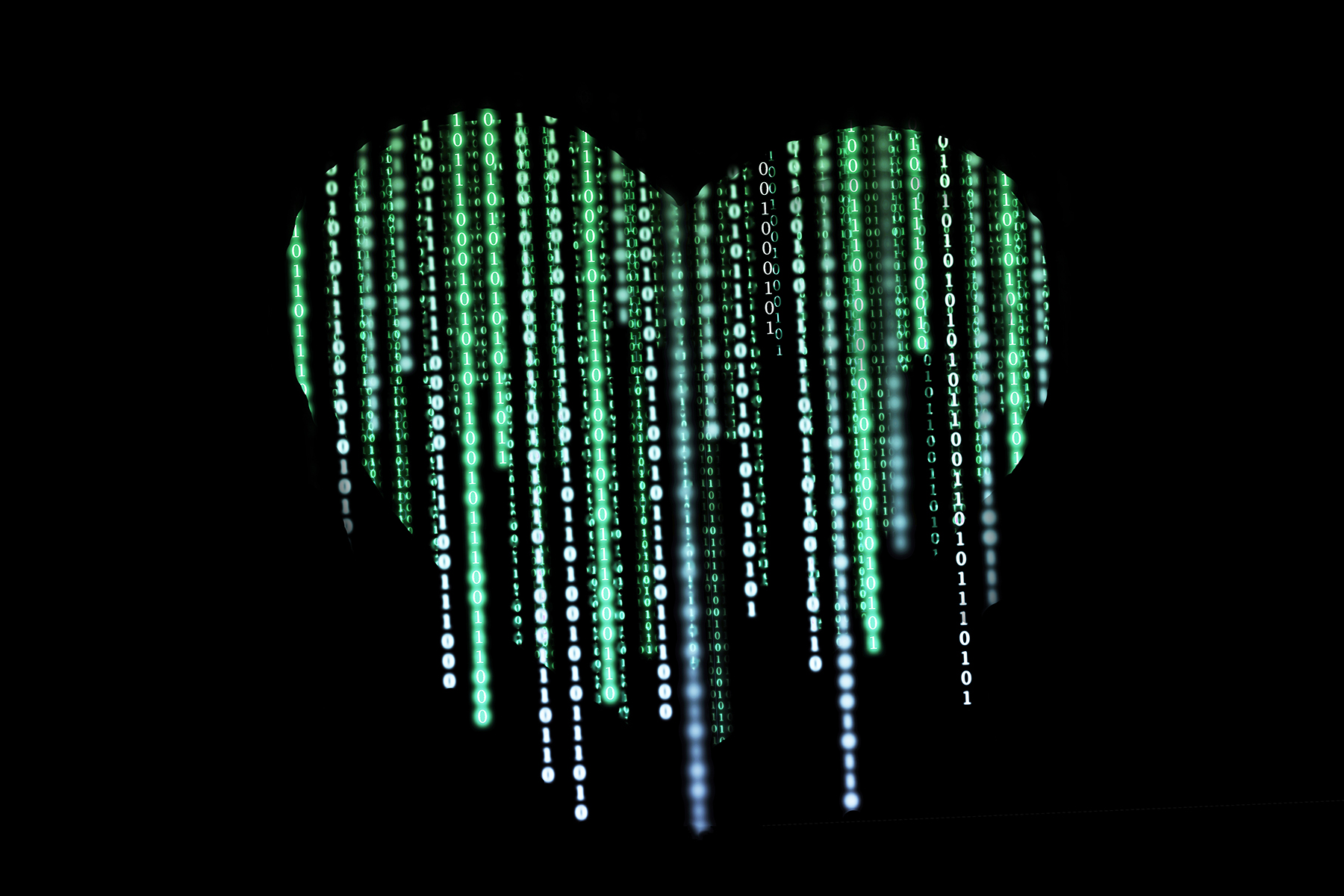 The image features a heart shape composed of binary computer code (zeros and ones) on a black background, symbolizing the concept of "virtual love" and artificial intelligence.