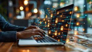 The hands of a person using a laptop with virtual padlock icons displayed on the screen, symbolizing cyber and data security.