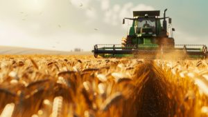 A golden field of wheat under a clear blue sky during harvest season. The scene includes a harvesting tractor.