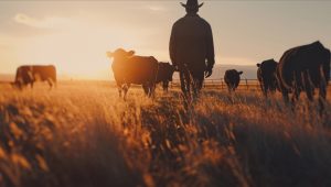 At sunset, a person and cattle stand in a farm field.