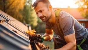 A man is carefully cleaning leaves and debris from a house gutter on a sunny day, focused on his task while wearing gloves and outdoor work attire.