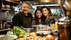 The image shows a family of three smiling people standing close together in a restaurant kitchen. They are surrounded by cooking utensils, pots, fresh ingredients, and food dishes, creating a warm and inviting atmosphere.