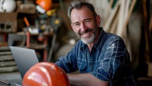 Image Alt Text A smiling man with graying hair and a beard sits at a table in a workshop, working on a laptop. In front of him is an orange hard hat, and the background is filled with tools and equipment, suggesting a construction or industrial setting.