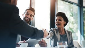 A group of professionals in a business meeting, with a woman and man smiling warmly as they shake hands across a table, symbolizing a successful partnership or agreement.
