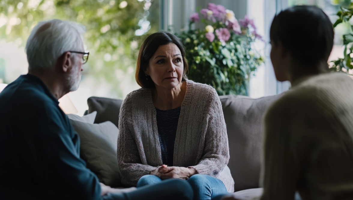 A concerned middle-aged woman sits on a couch with her hands clasped, listening intently to two other individuals, one older and one younger, in a warmly lit living room surrounded by lush greenery and flowers.