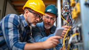 Two electricians wearing hard hats and safety glasses working on an electrical panel, focusing on wires and using a digital device for guidance or troubleshooting.