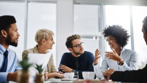 A diverse group of business professionals engaged in discussion around a conference table.
