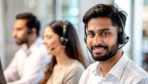 A smiling customer service representative wearing a headset, with two colleagues in the background also assisting customers in a professional call center environment.