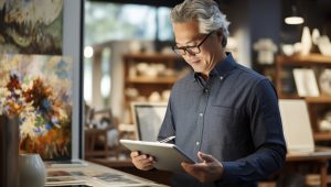 In an art studio, a gray-haired man wearing glasses consults a tablet computer.
