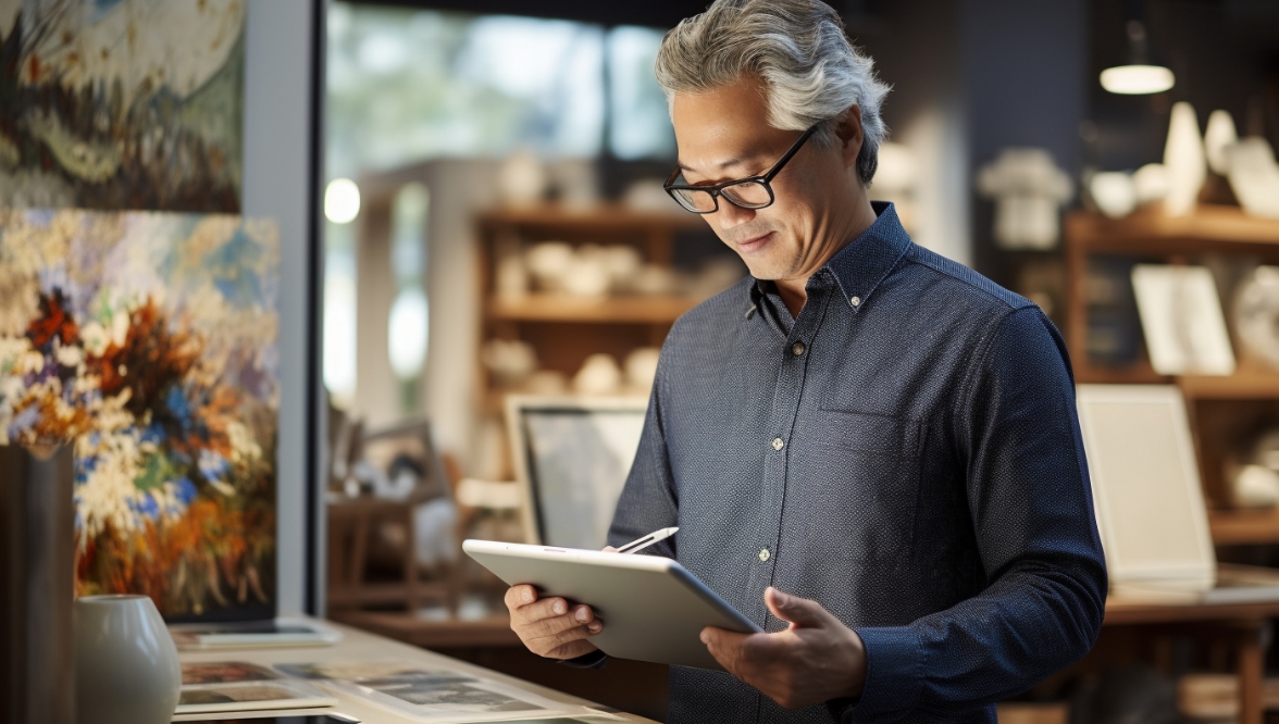 In an art studio, a gray-haired man wearing glasses consults a tablet computer.