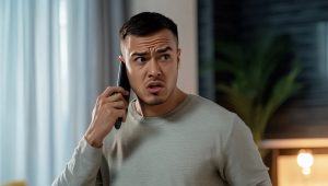 Man holding a phone to his ear with a worried and confused expression, appearing concerned during a phone call.
