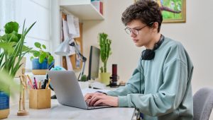 A young person wearing an aqua sweatshirt sits at a desk working on a laptop. The desk faces a window and has plants, a box of pencils and pens, and an artist’s mannequin; at the other end is a desktop computer.
