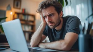 Young man sitting in front of a laptop, looking frustrated or deep in thought.