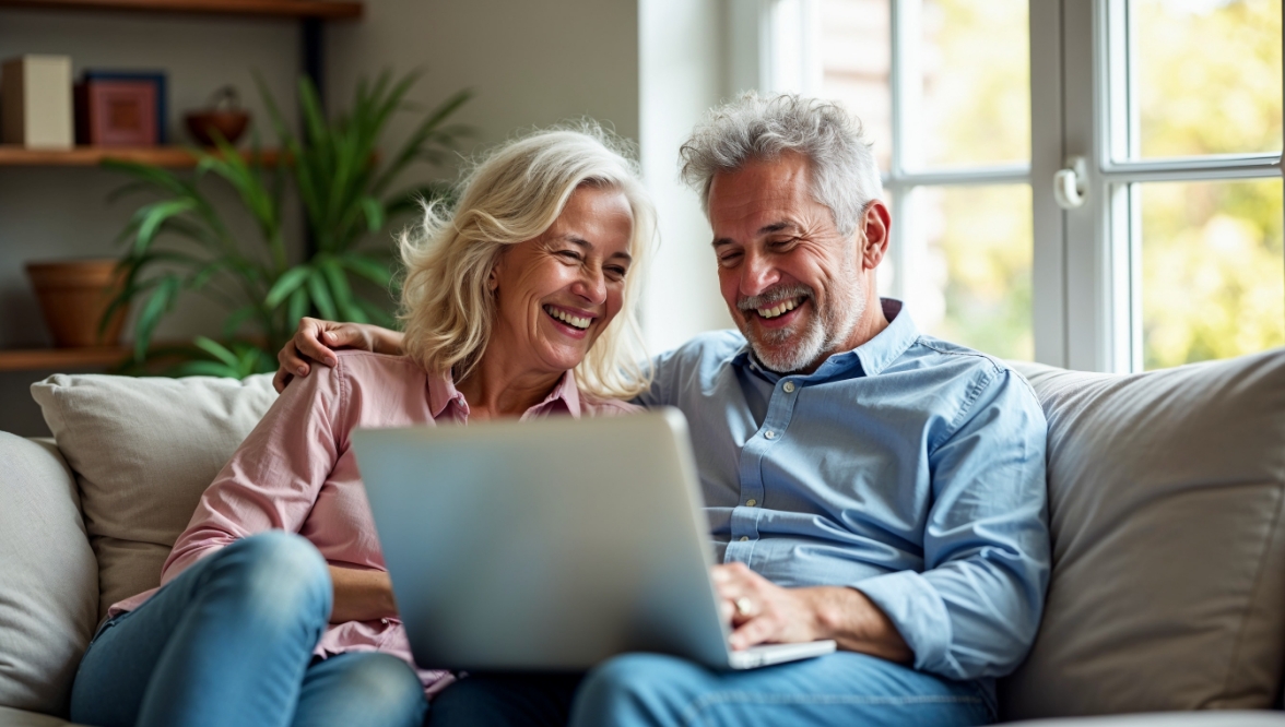 An older couple sits on a sofa in front of a bright window, smiling. The woman has blonde hair and a pink button-down shirt; the man, wearing a blue button-down shirt, has his arm around the woman and a laptop on his knees.