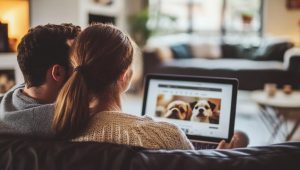 A couple sits together in a living room setting, facing away from the camera, looking at a photograph of two puppies on a laptop screen.