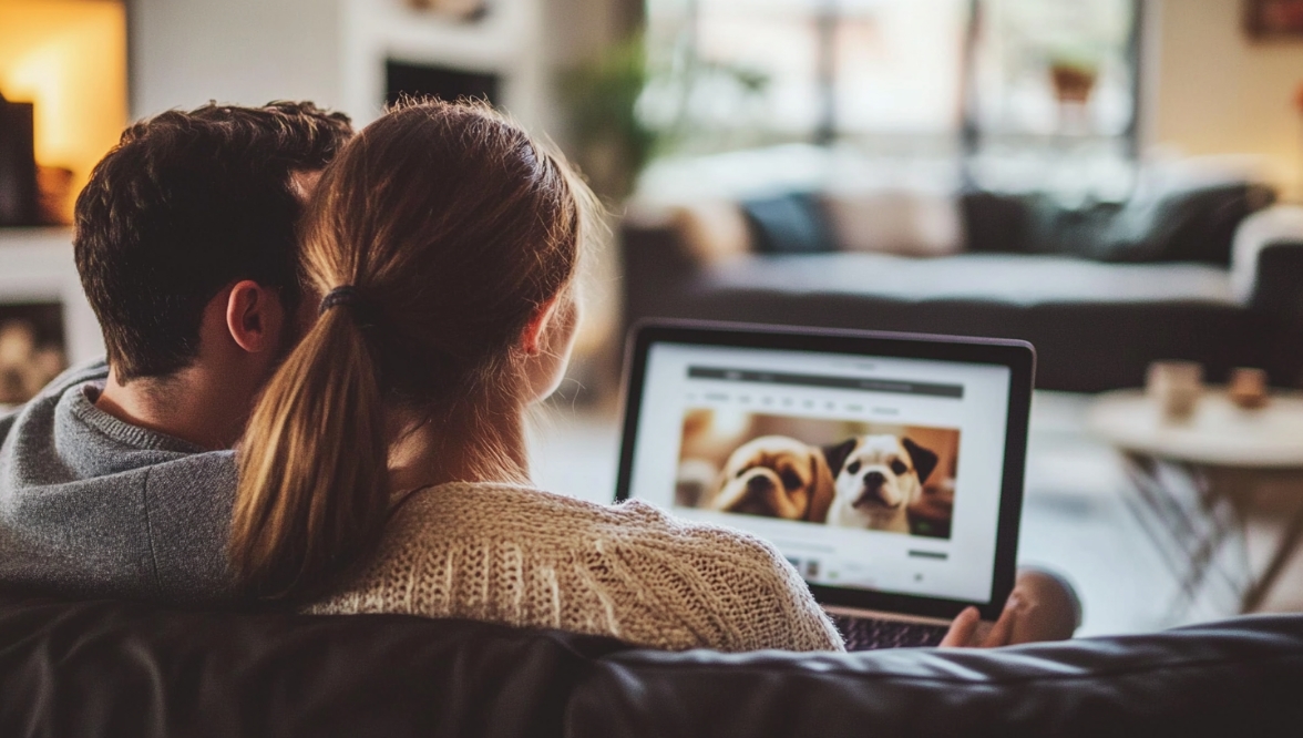 A couple sits together in a living room setting, facing away from the camera, looking at a photograph of two puppies on a laptop screen.